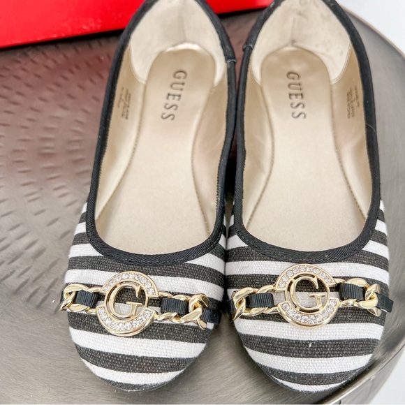 GUESS KARLYN BLACK WHITE CANVAS STRIPES,G GOLD CRYSTAL LOGO BALLET FLATS,SHOES - Picture 4 of 6